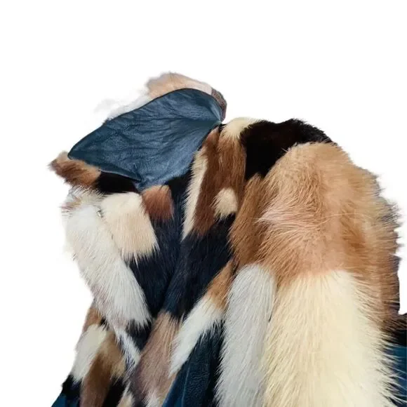 FUR COAT Genuine Y2K Vintage Rabbit Fur Leather Patchwork Long Belted Winter Coa